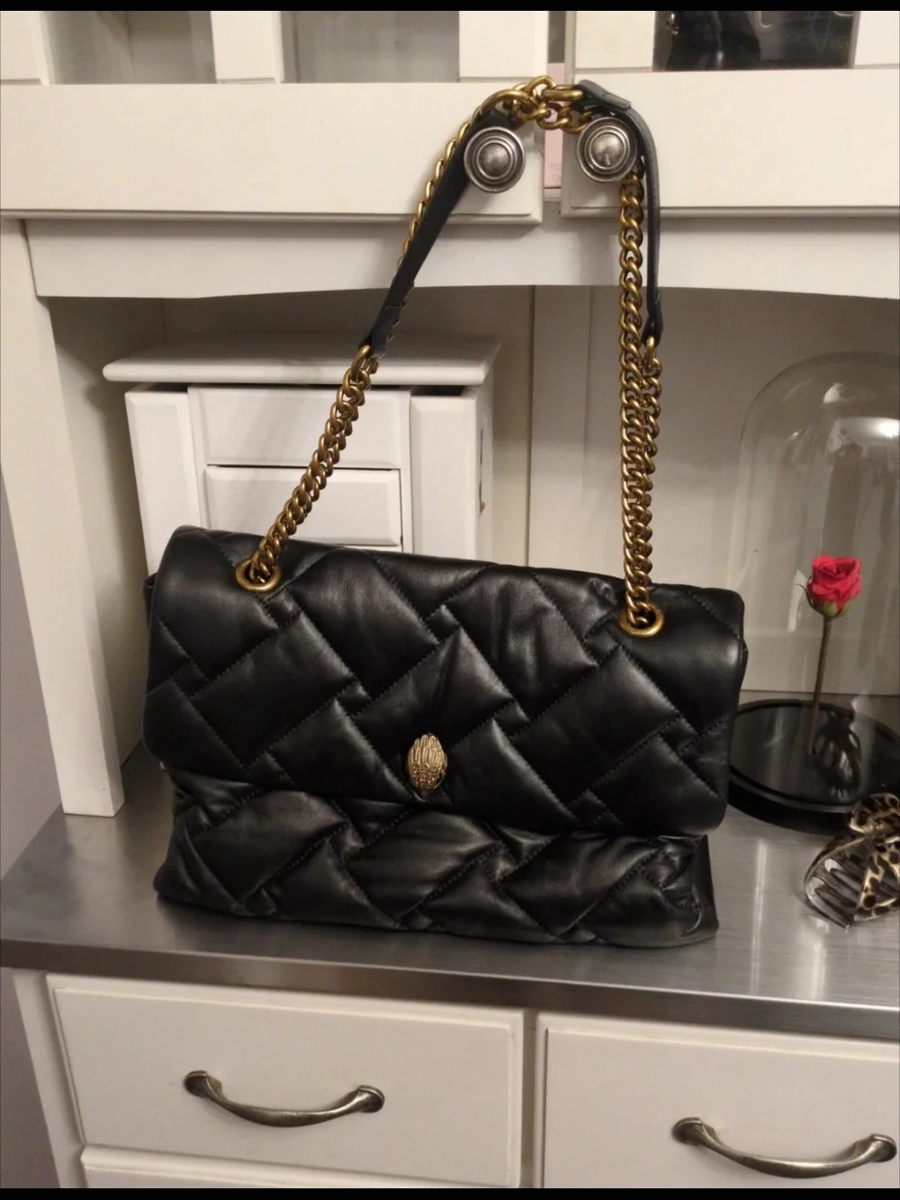 Kurt Geiger Black Quilted Shoulder Bag with Gold Chain Strap